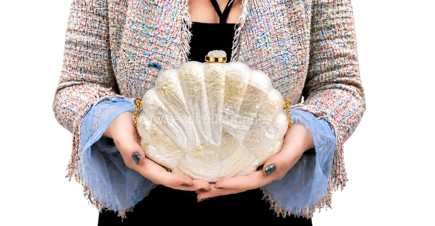 White Mother of Pearl Clam Shell Clutch Bag with Gold Chain