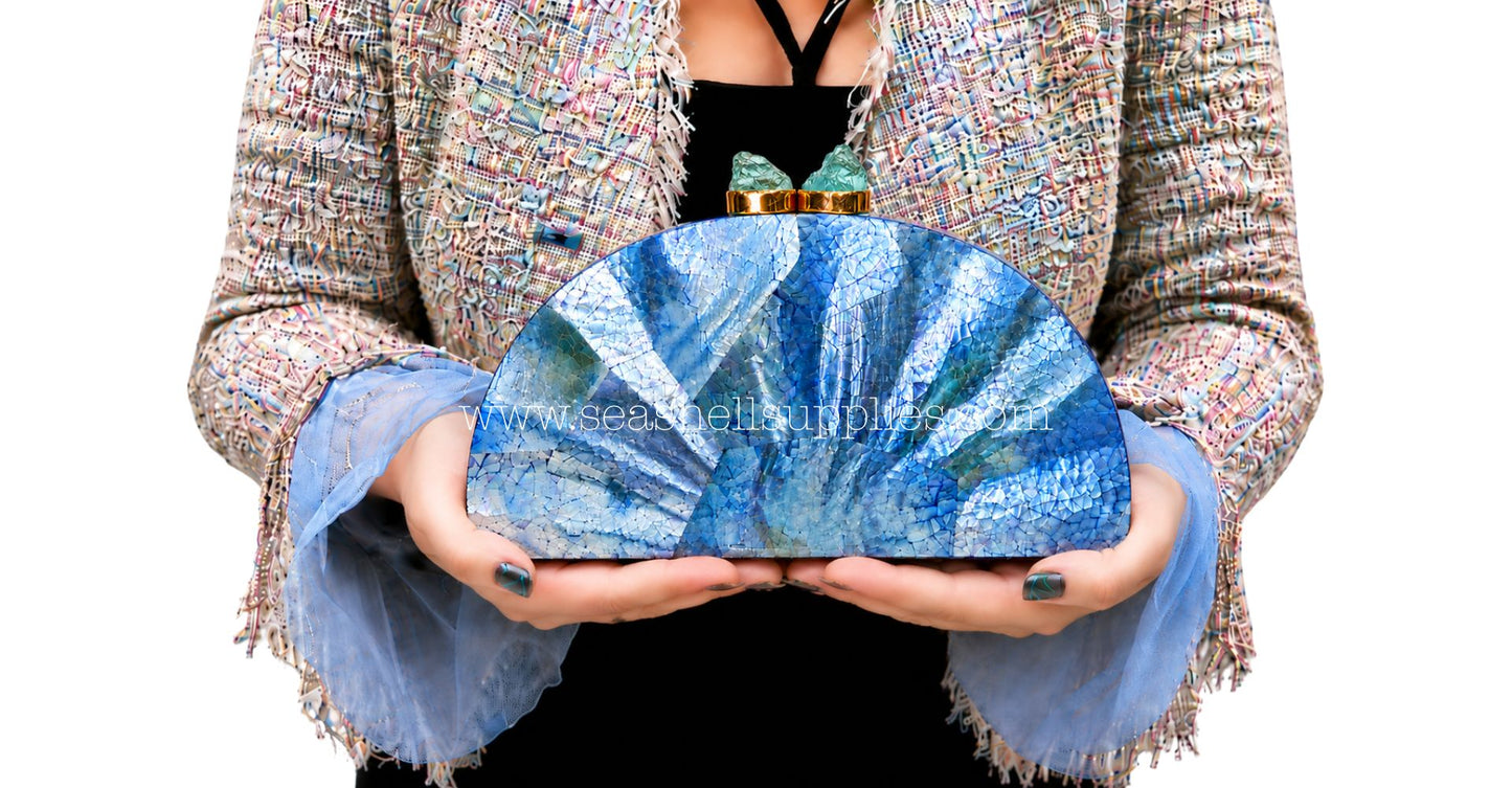 Blue Mother of Pearl Fan Shell Clutch Bag with Gold Chain