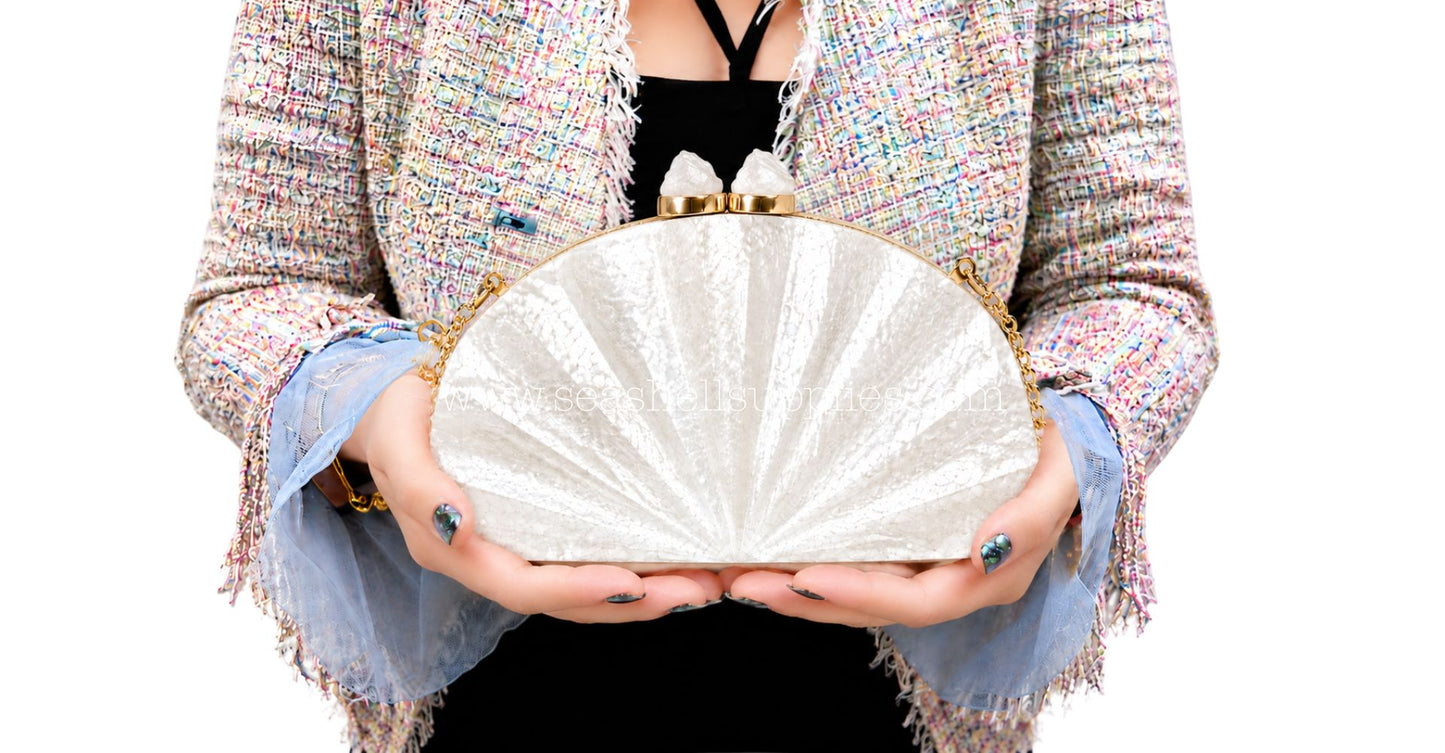 White Mother of Pearl Fan Shell Clutch Bag with Gold Chain