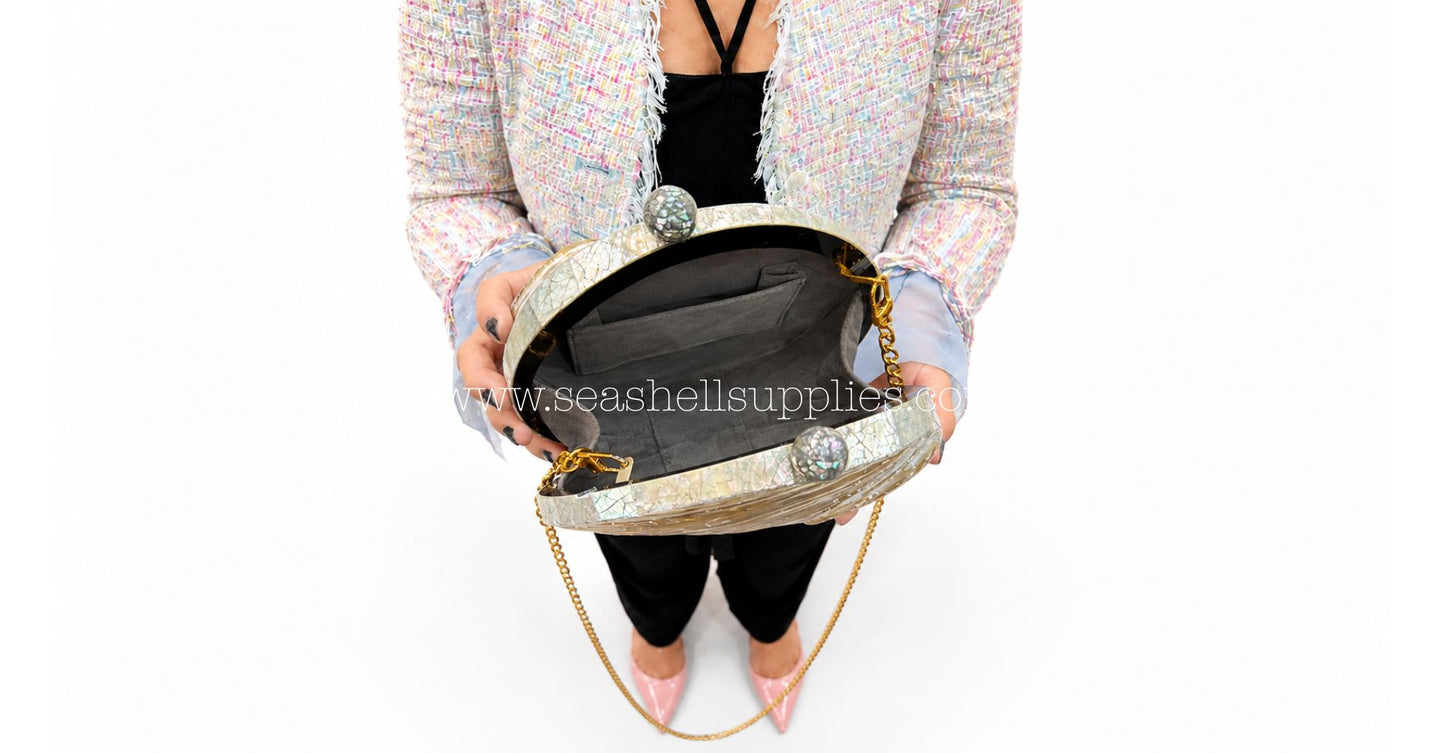 Convertible Round Abalone Shell Clutch Bag with Gold Chain