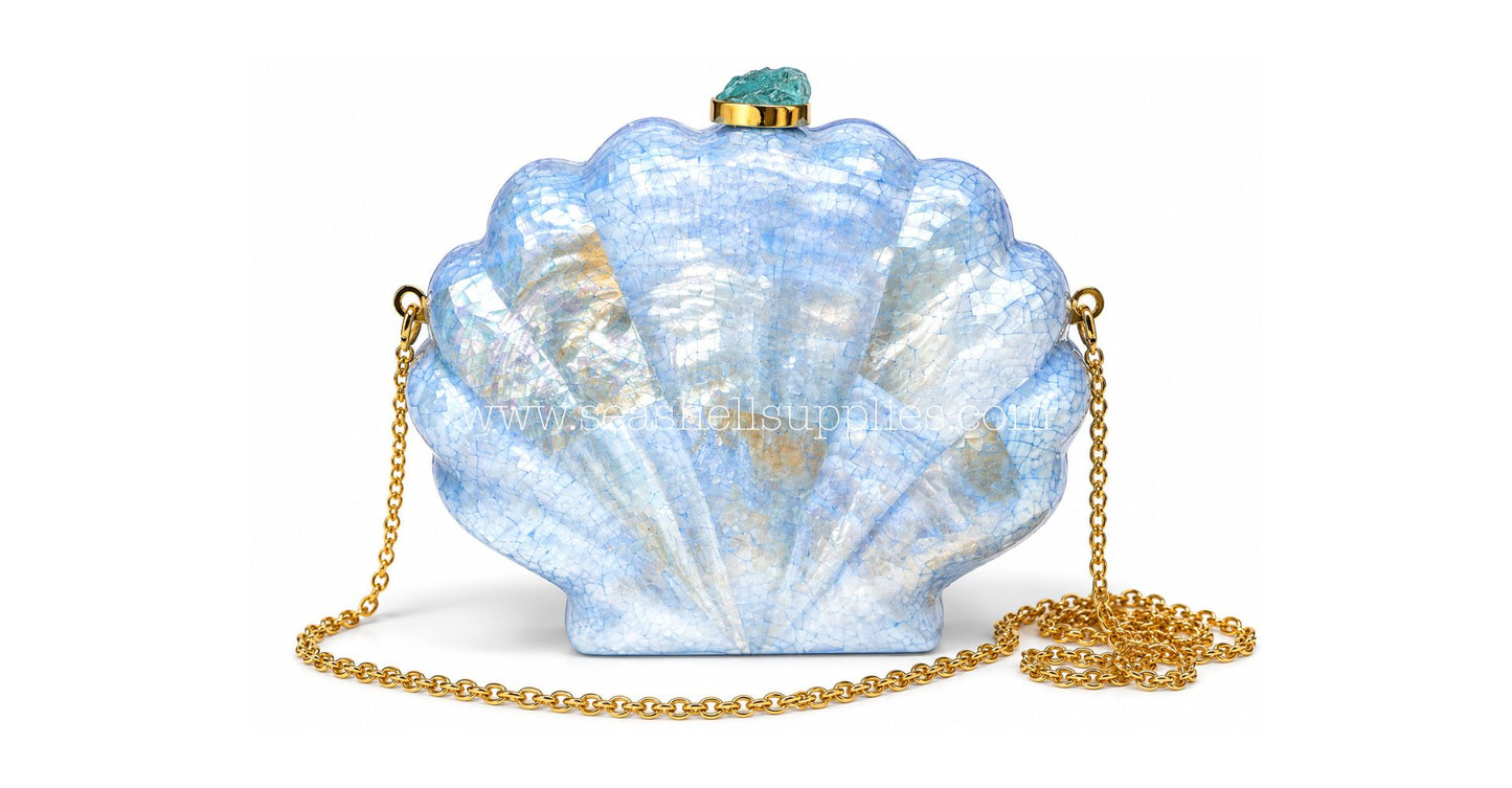 Blue Mother of Pearl Clam Shell Clutch Bag with Gold Chain