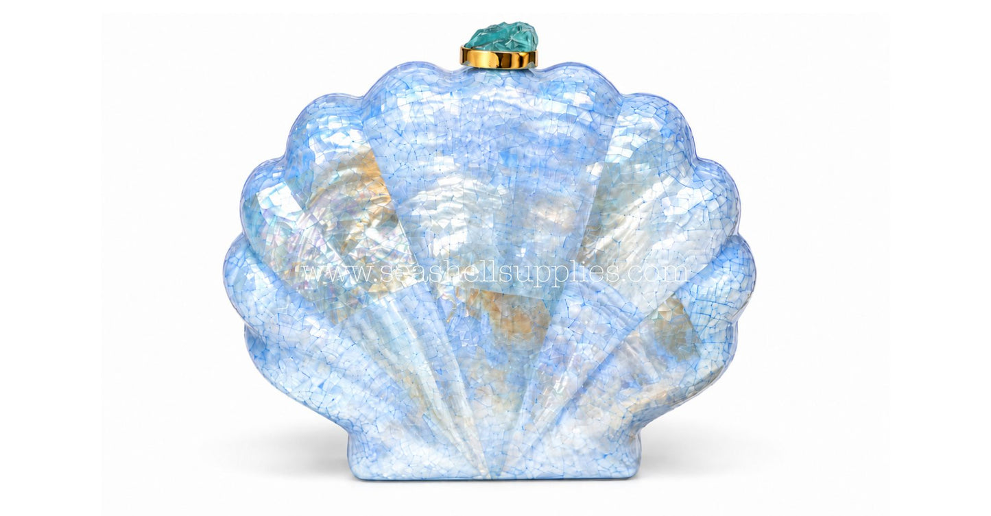 Blue Mother of Pearl Clam Shell Clutch Bag with Gold Chain