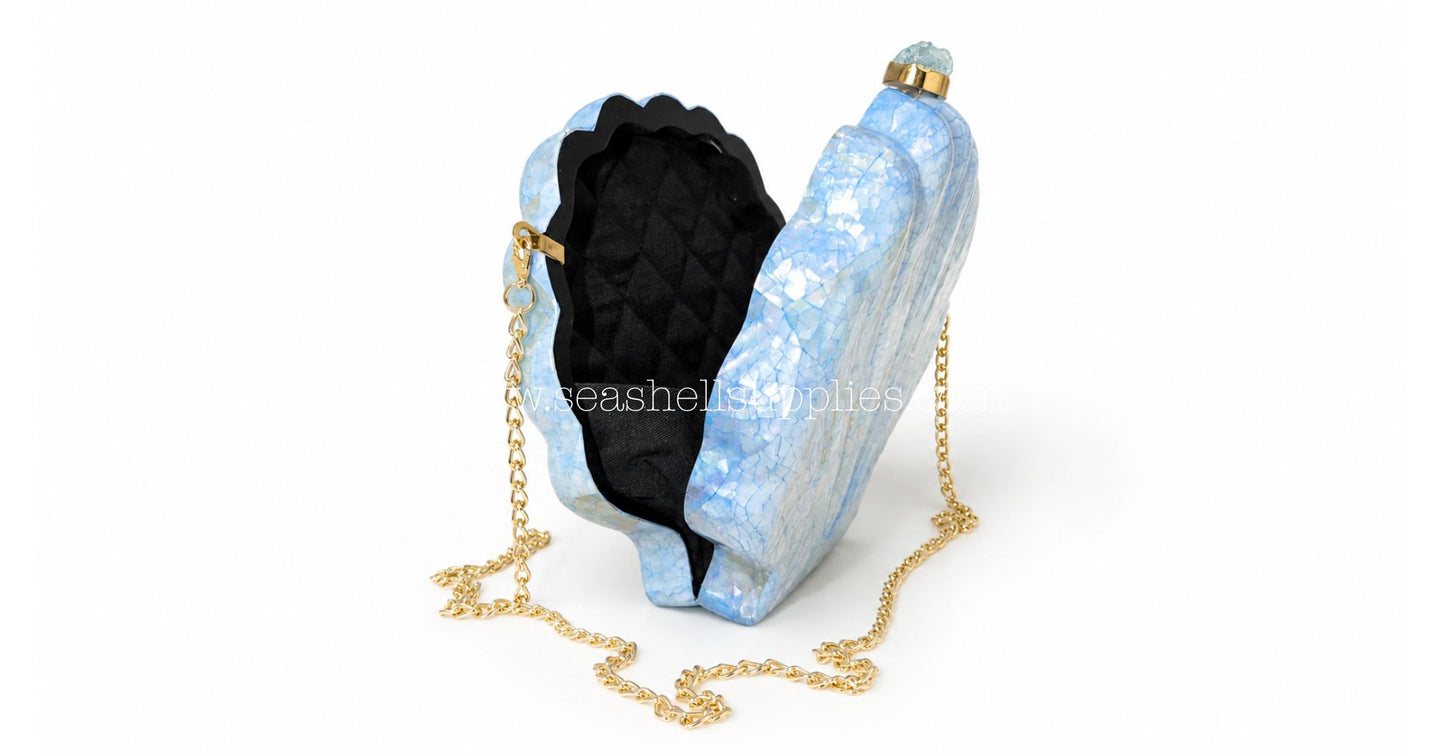Blue Mother of Pearl Clam Shell Clutch Bag with Gold Chain