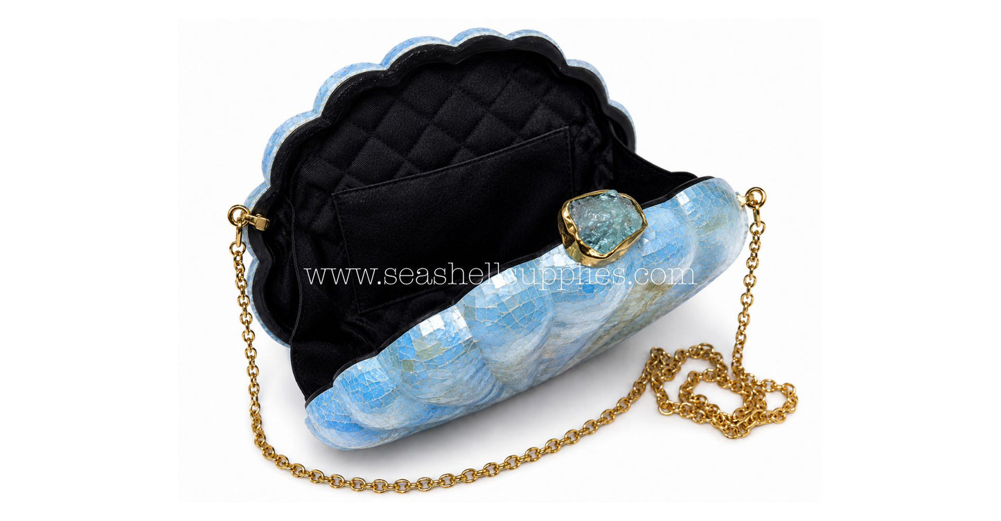 Blue Mother of Pearl Clam Shell Clutch Bag with Gold Chain