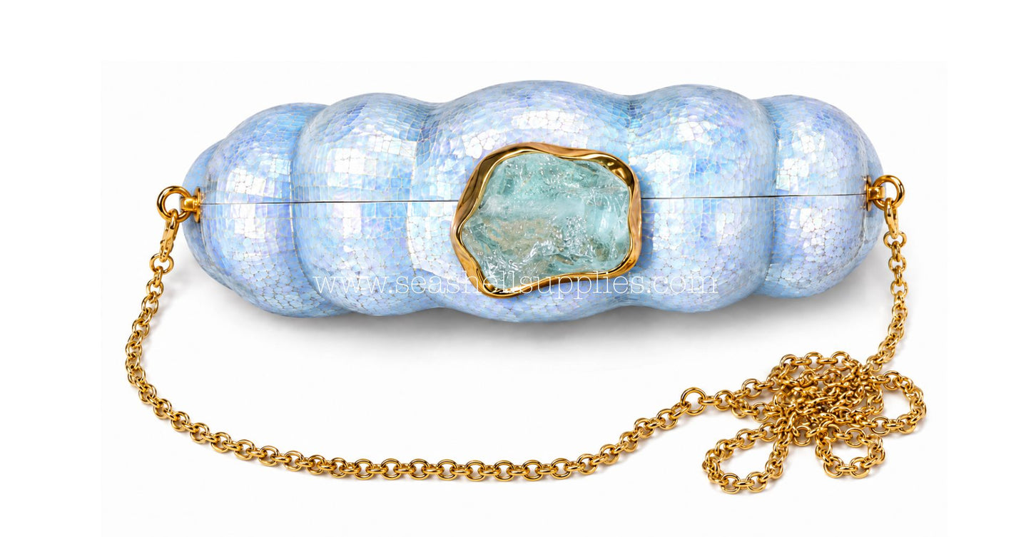 Blue Mother of Pearl Clam Shell Clutch Bag with Gold Chain