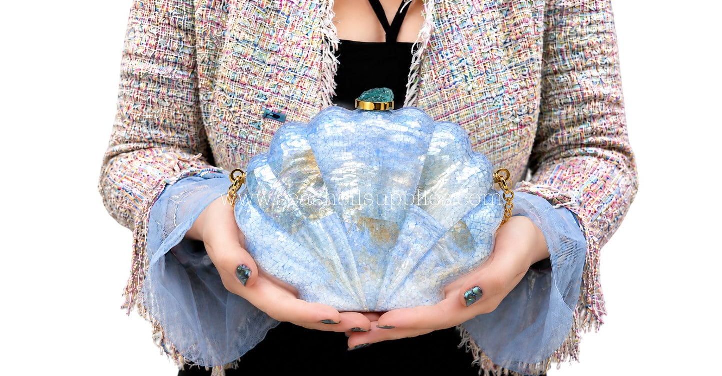 Blue Mother of Pearl Clam Shell Clutch Bag with Gold Chain