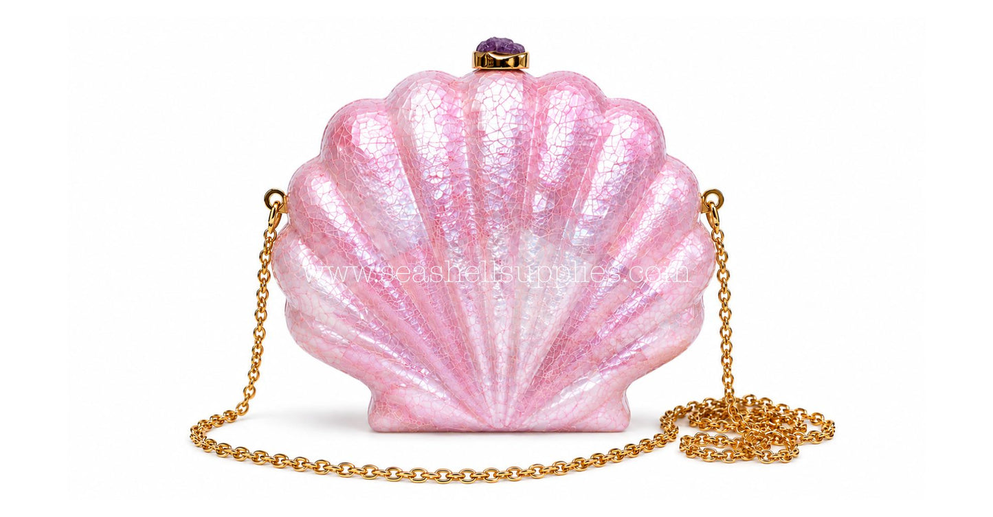 Pink Mother of Pearl Clam Shell Clutch Bag with Gold Chain