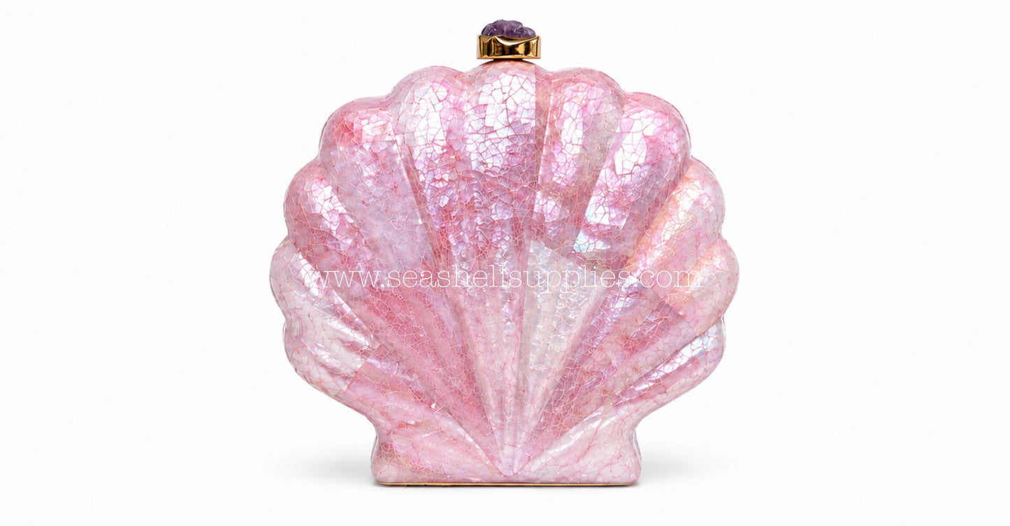 Pink Mother of Pearl Clam Shell Clutch Bag with Gold Chain