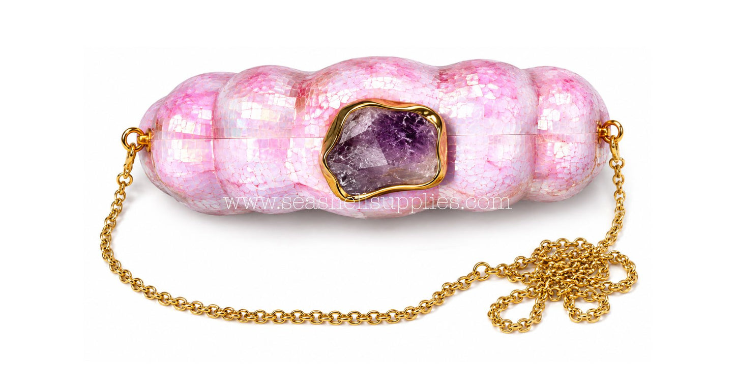 Pink Mother of Pearl Clam Shell Clutch Bag with Gold Chain