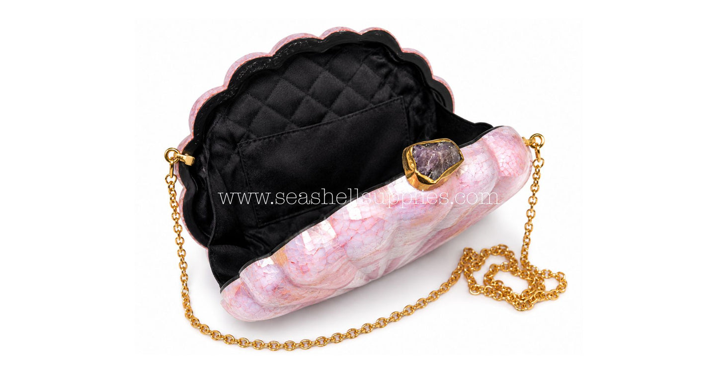 Pink Mother of Pearl Clam Shell Clutch Bag with Gold Chain