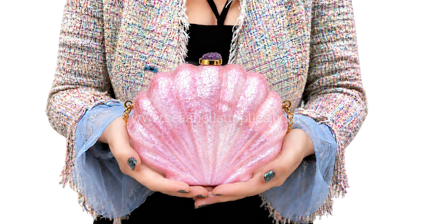 Pink Mother of Pearl Clam Shell Clutch Bag with Gold Chain