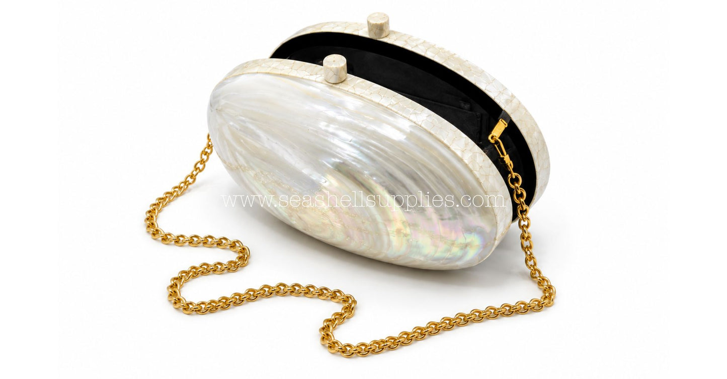 Kabibe Mother of Pearl Shell Clutch Bag with Gold Chain