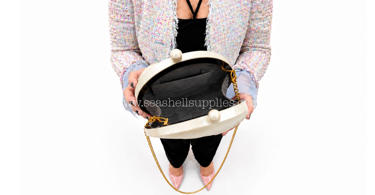 Kabibe Mother of Pearl Shell Clutch Bag with Gold Chain