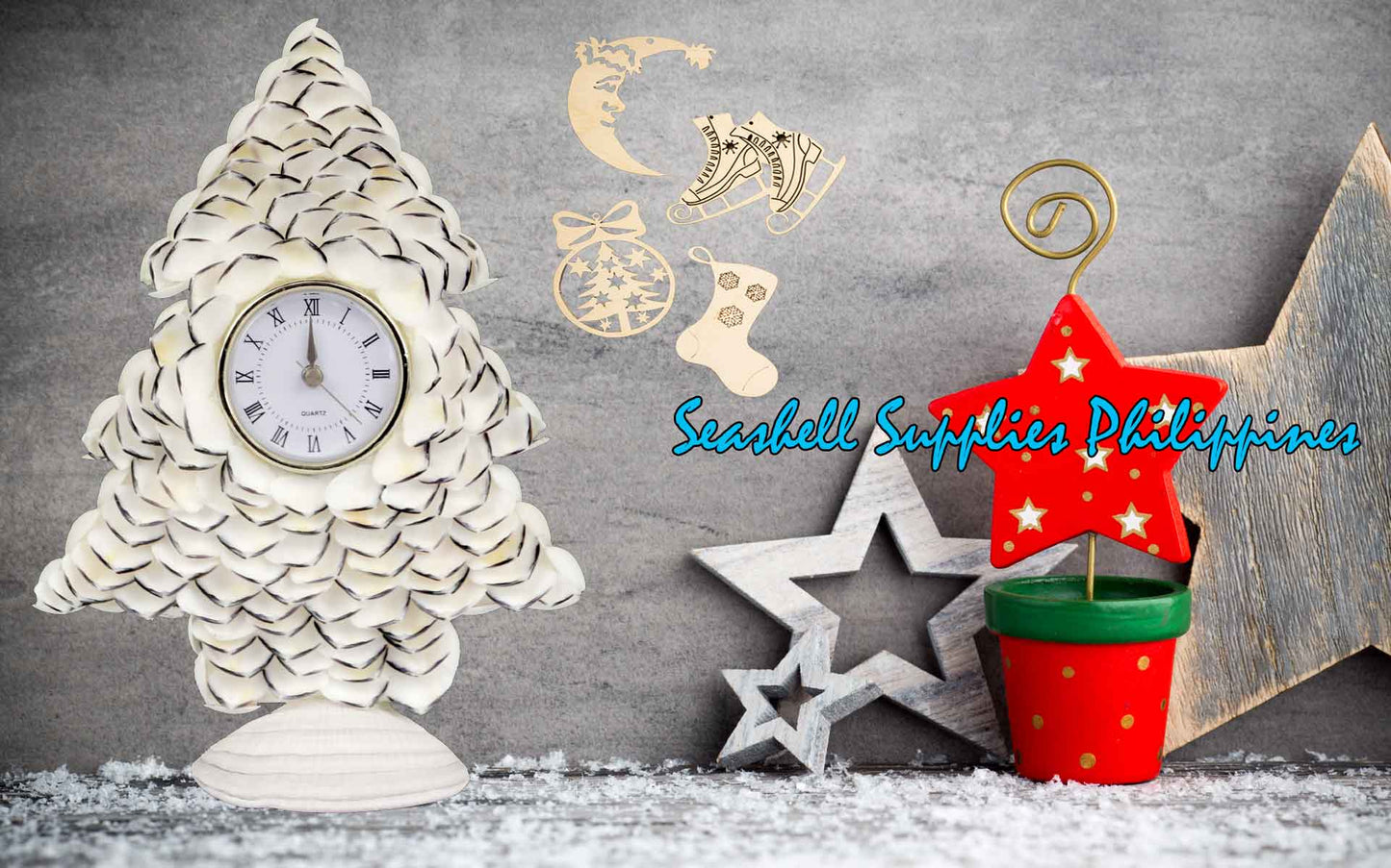 Seashell Table Top Clock | Christmast Tree | Striate Beach Clam Shell