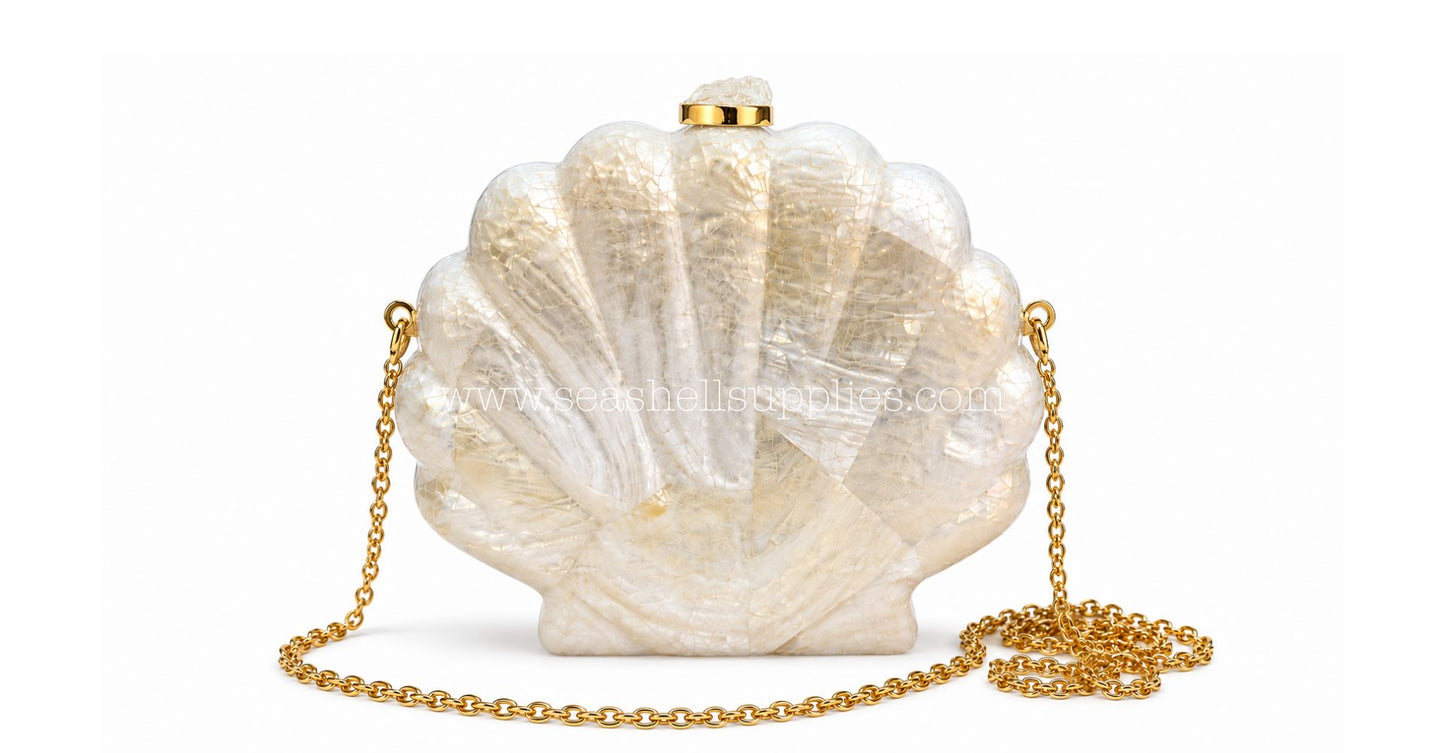 White Mother of Pearl Clam Shell Clutch Bag with Gold Chain