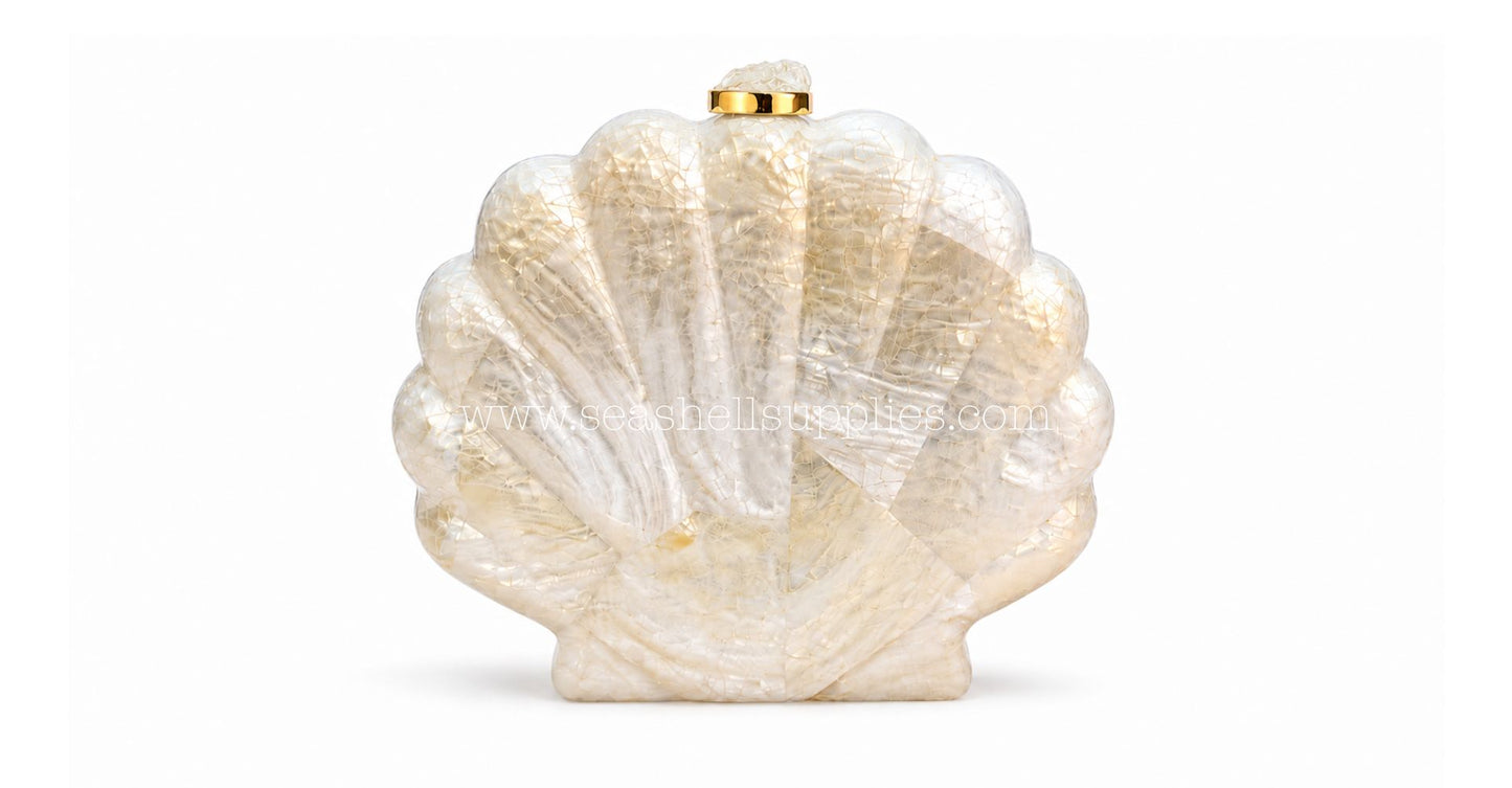 White Mother of Pearl Clam Shell Clutch Bag with Gold Chain