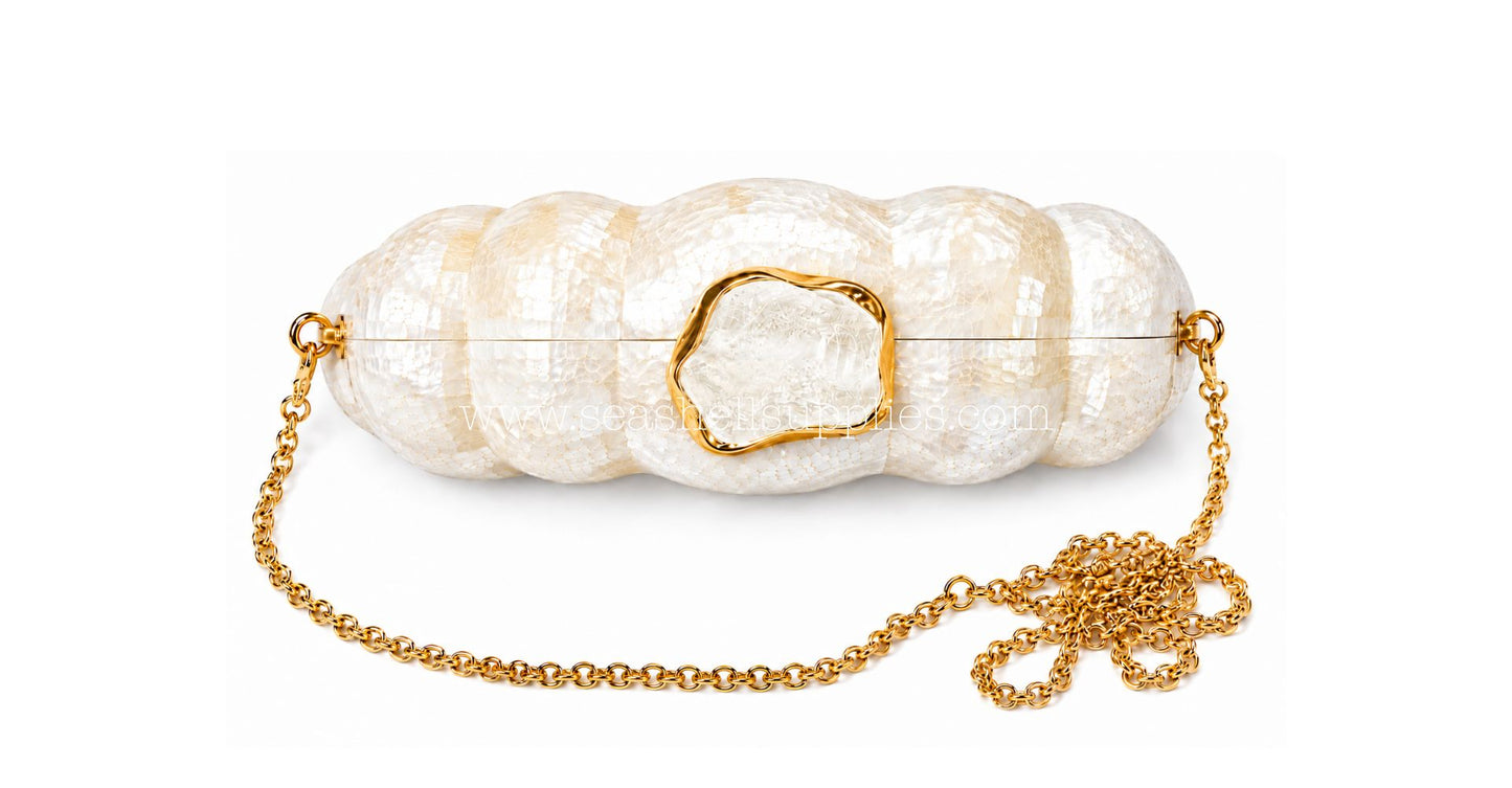 White Mother of Pearl Clam Shell Clutch Bag with Gold Chain