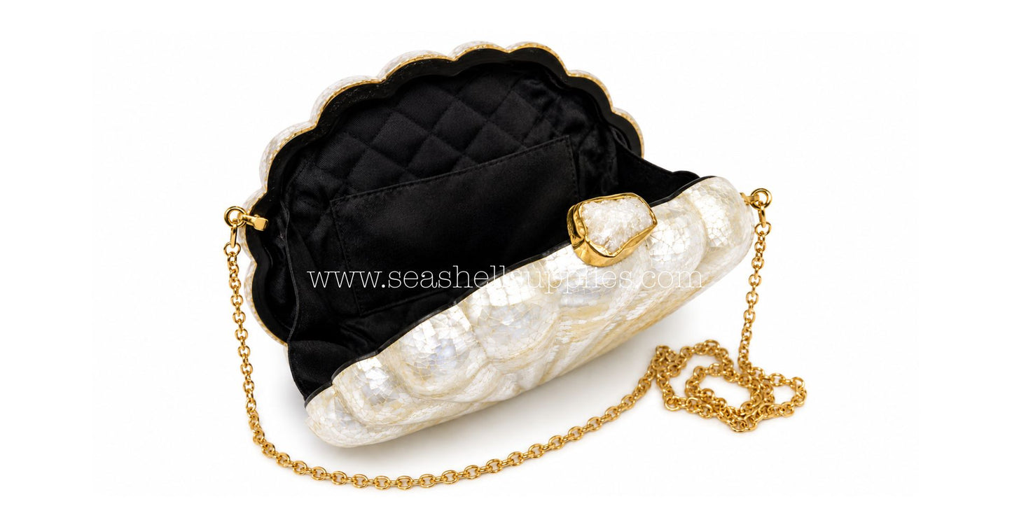 White Mother of Pearl Clam Shell Clutch Bag with Gold Chain
