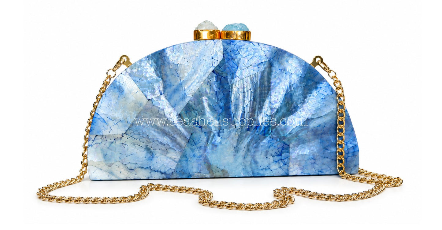 Blue Mother of Pearl Fan Shell Clutch Bag with Gold Chain