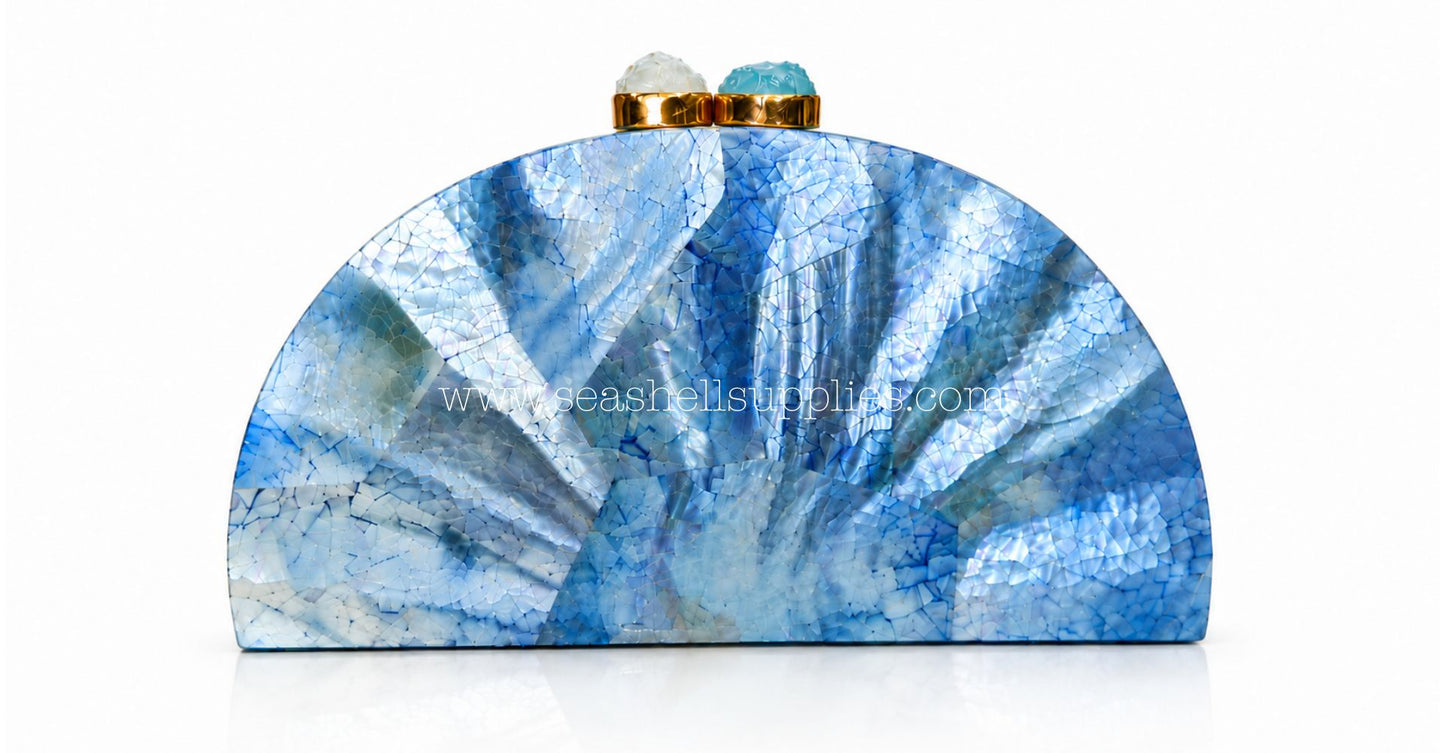Blue Mother of Pearl Fan Shell Clutch Bag with Gold Chain