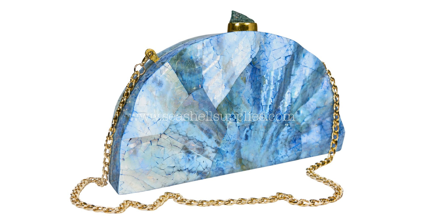 Blue Mother of Pearl Fan Shell Clutch Bag with Gold Chain
