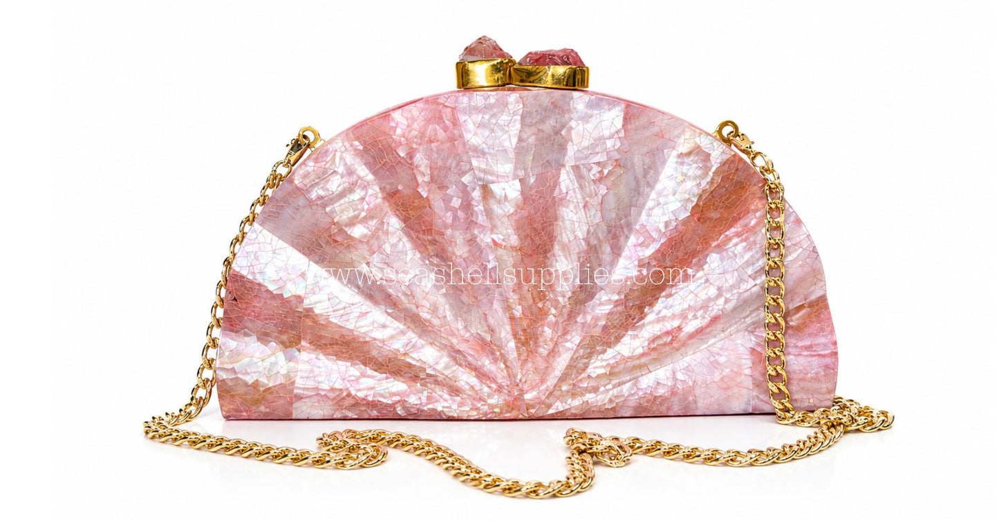 Pink Mother of Pearl Fan Shell Clutch Bag with Gold Chain