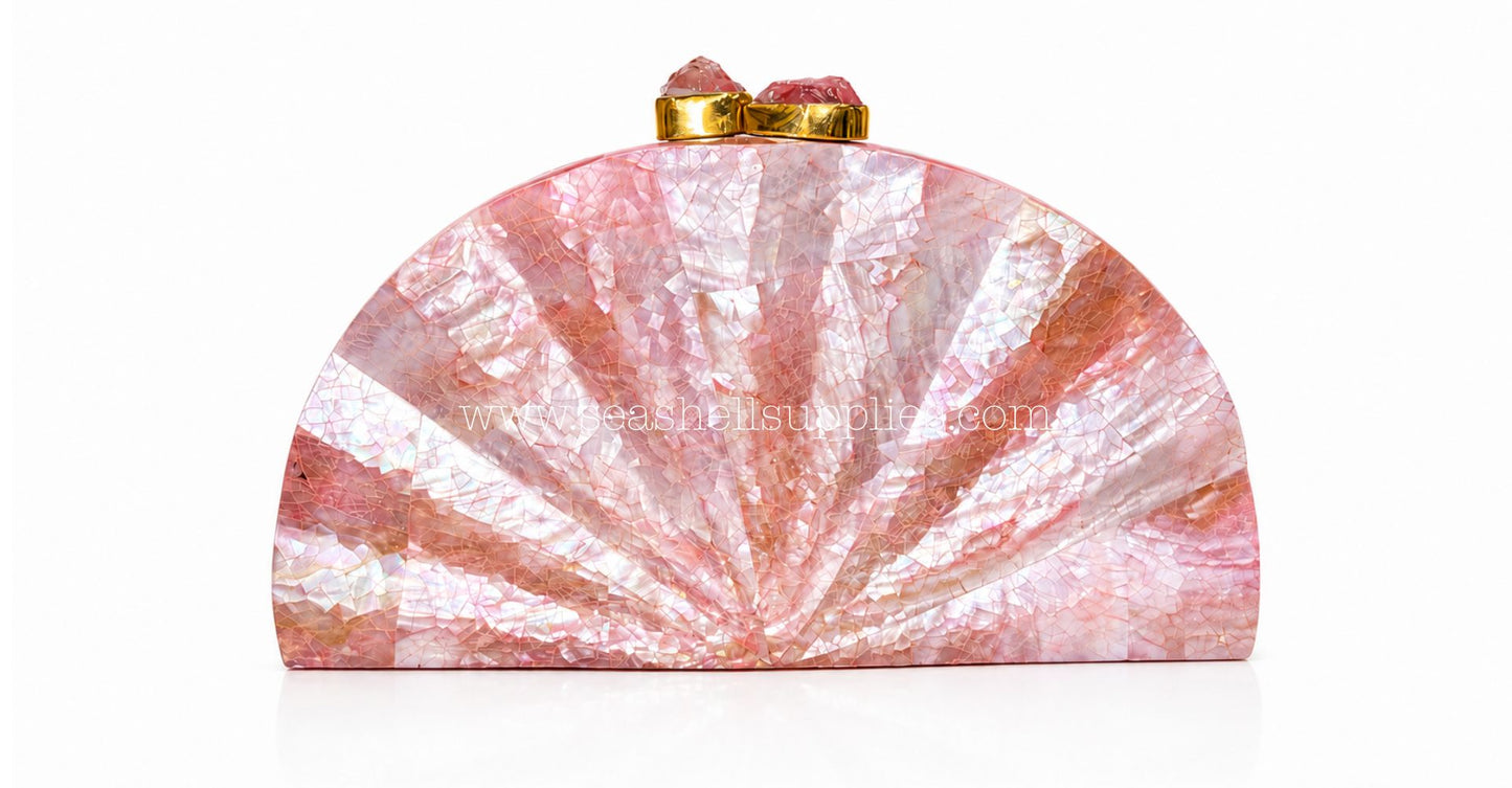 Pink Mother of Pearl Fan Shell Clutch Bag with Gold Chain