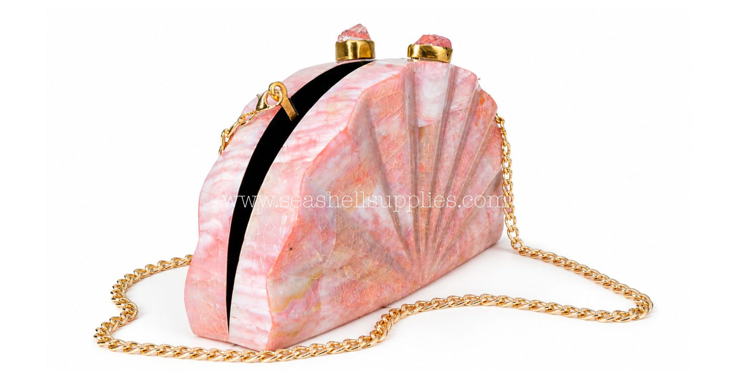 Pink Mother of Pearl Fan Shell Clutch Bag with Gold Chain