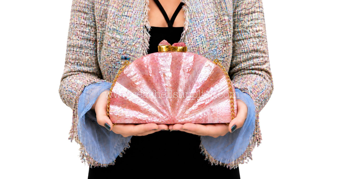 Pink Mother of Pearl Fan Shell Clutch Bag with Gold Chain