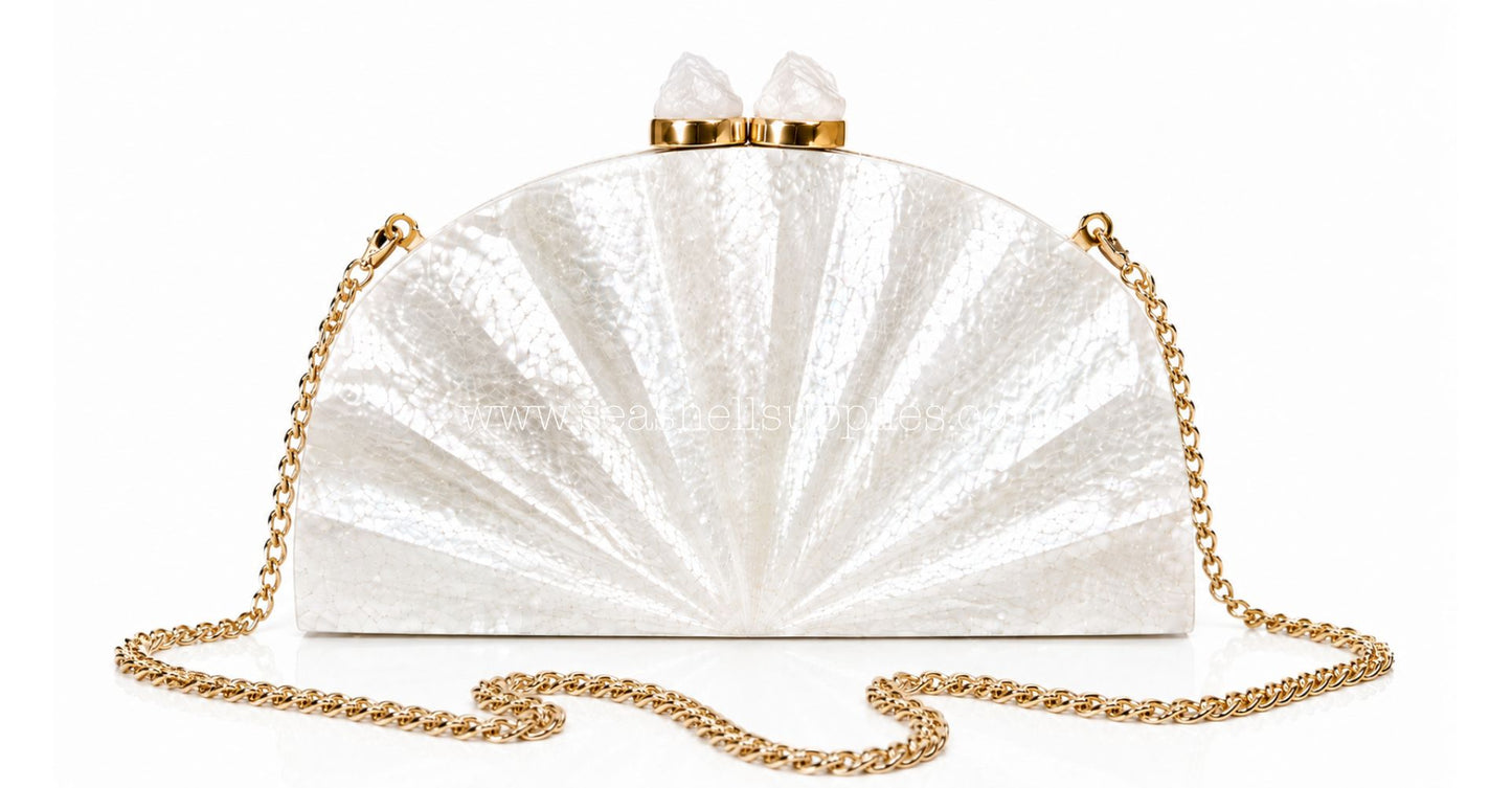 White Mother of Pearl Fan Shell Clutch Bag with Gold Chain
