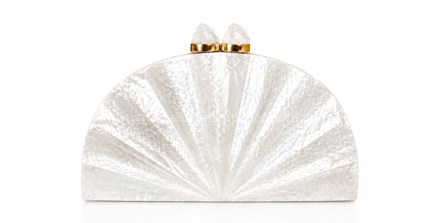 White Mother of Pearl Fan Shell Clutch Bag with Gold Chain
