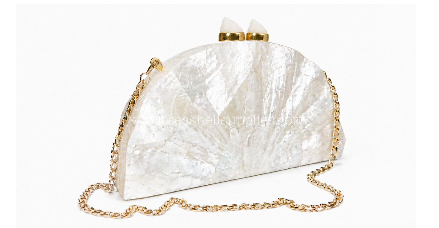 White Mother of Pearl Fan Shell Clutch Bag with Gold Chain