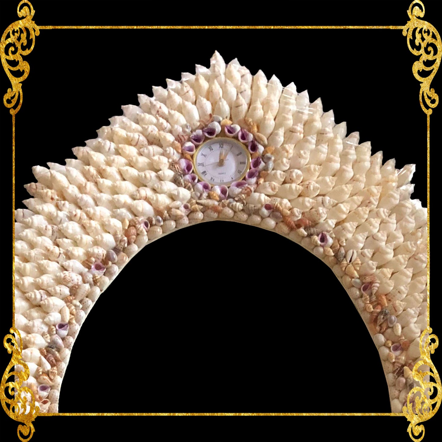 Seashell Mirror Frame with Clock | Assorted White Sicad Shells | Oval Shape