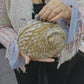 Convertible Round Abalone Shell Clutch Bag with Gold Chain