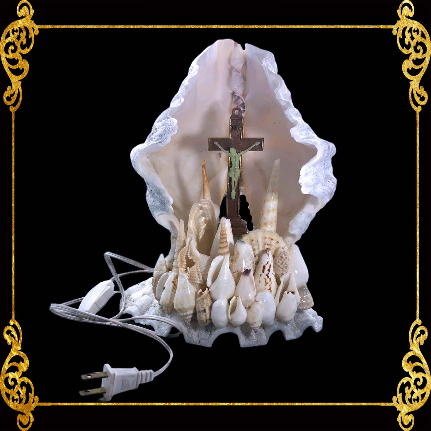 Lamp | Christian Decor | Jesus in Crucifix inside Clams | 10 Inches