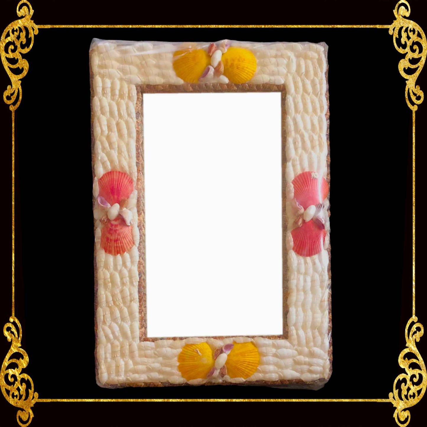 Seashell Mirror Frame | Assorted White Shells with Pecten Nobilis Accent