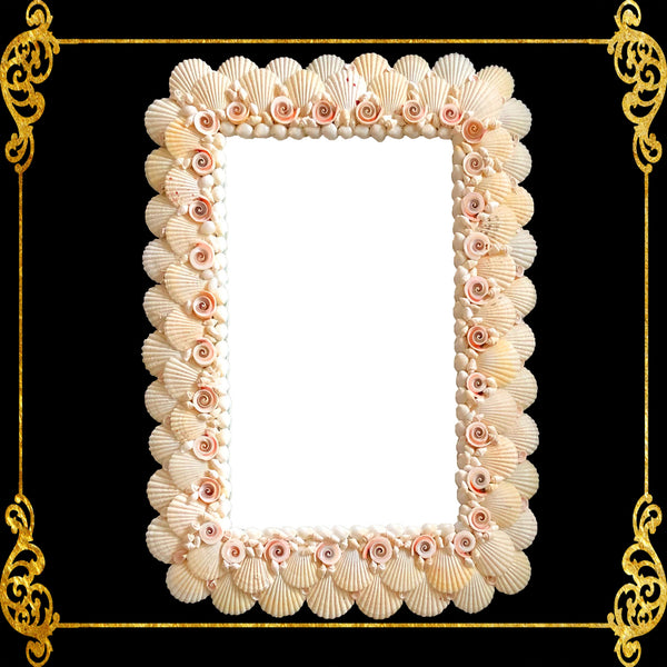 Seashell Mirror Frame | Assorted White Shells and Redlips Cut