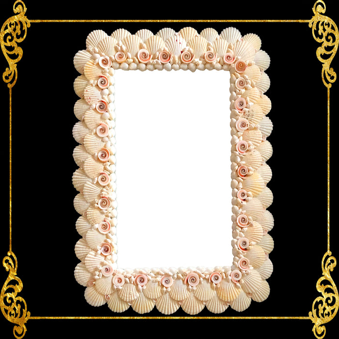 Seashell Mirror Frame | Assorted White Shells and Redlips Cut