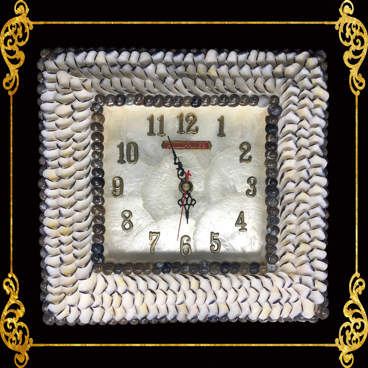 Seashell Wall Clock |Black Outlined White | Square Shape