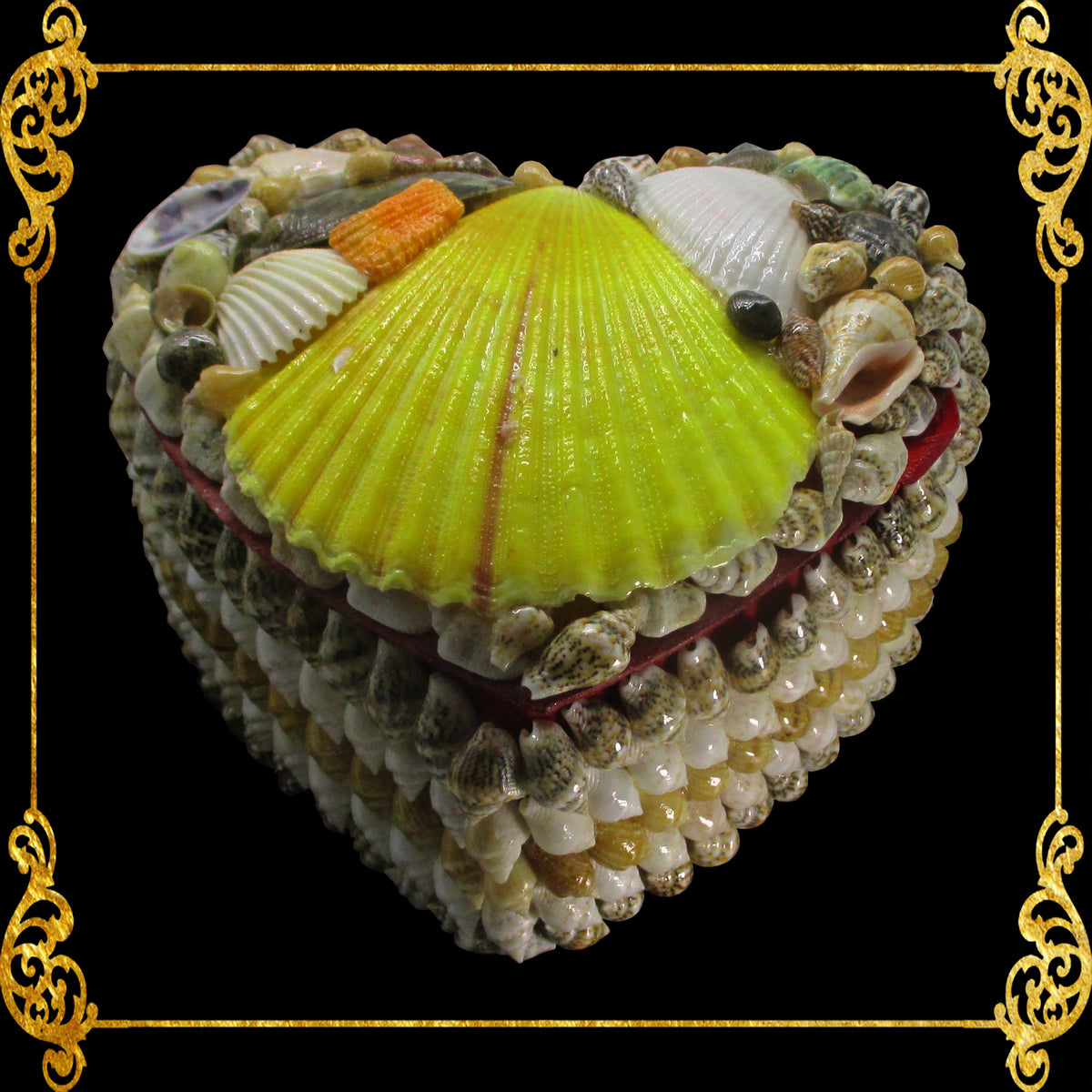 Vintage Heart Shaped Shell Covered Trinket Box Vinatge